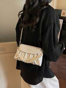 Women's Fashion Casual Minimalist Pleated Design Flap Small Square Bag With Pearl Decor, Shoulder & Crossbody - White - View 6