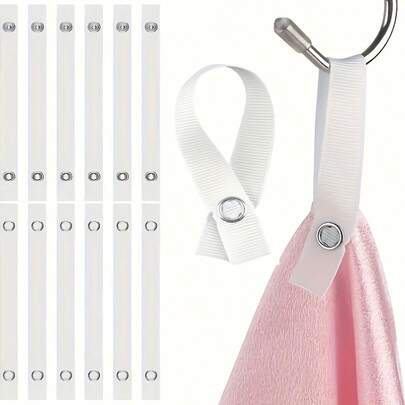 10个装免缝毛巾架，涤纶材质，带按扣 - 可用于悬挂毛巾、餐具、浴室用品和露营配件，白色，带金属挂钩，毛巾架配件，浴袍和毛巾挂钩