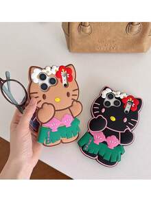 SANRIO Ốp lưng điện thoại silicon hình mèo KT giả lông thú 3D màu đen dễ thương, bảo vệ toàn diện, mềm mại, tương thích với iPhone 17/16 Pro Max, 14 Pro/13 Pro, 12/11 PM/15 Plus - màu nâu - Xem 2