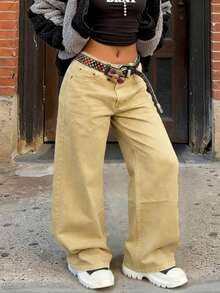 Women's Khaki Loose Wide-Leg Minimalist Style Denim Jeans - Daily Street Fashion Versatile Pants - Khaki - View 5