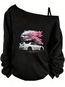 Valentine's Day, Cherry Blossom Graphic Print, Off-Shoulder Loose Long Sleeve Top, Y2K, Streetwear, Date Night Outfit,Essentials Hoodie - 黑色 - 查看 7