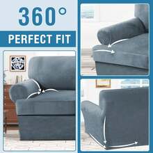 Trugenix-Sofa Cover 2 Piece T Cushion Armchair Slipcovers Velvet Couch Cover Furniture Protector Stretch T Cushion Sofa Covers For 1 Cushion Couch With 1 Individual T Cushion Covers, Deep Teal-GP - Stone Blue - 查看 8