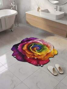 1pc Iridescent Rose Gradient Floral Shaped Rug, With Rainbow Gradient Rose As The Main Body, Bright And Exquisite Style, Suitable For Bathrooms Or Entryways With A Luxurious Or Romantic Aesthetic; The Gradient Colors Enhance The Visual Impact, And The Unique Petal Shape Complements The Elegant Soft Furnishings Of The Bathroom, Elevating The Refined Ambiance Of The Space. - Multicolor - View 4