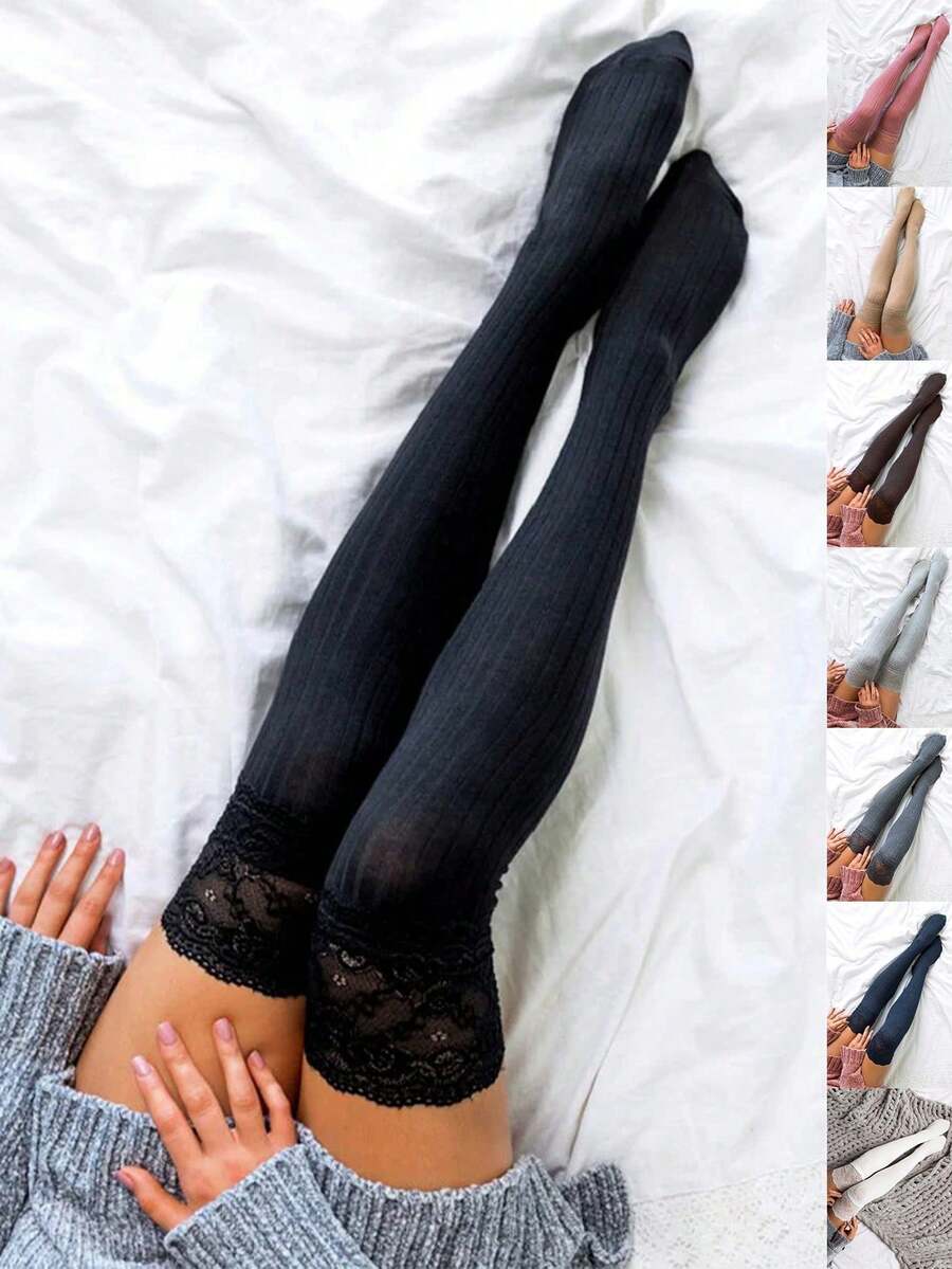 1双女士蕾丝边过膝长筒腿套,可作及膝靴内衬,秋冬圣诞礼物 - 常規款 - 查看 1