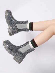 Gradient Chic Leopard Print Chelsea Rain Boots, Transparent Glossy Thick Sole Fashion Ankle Boots - Black - View 3