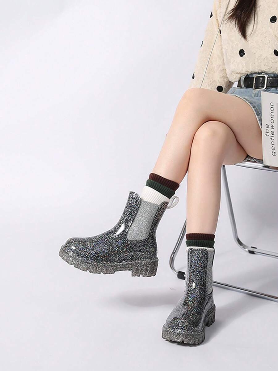 Gradient Chic Leopard Print Chelsea Rain Boots, Transparent Glossy Thick Sole Fashion Ankle Boots - Black - View 1