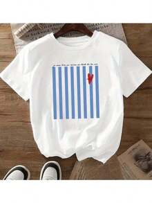 Women's T-Shirt With Modern Blue Stripes. Short-Sleeved Blouse With Romantic Heart Print. Casual Look. Soft, Comfortable Fabric. Pairs Well With Skirts, Denim Shorts, Etc. - 白色 - 查看 1