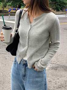 1pc Solid Color Knit Fabric Front Button Cardigan, Lightweight For Daily Wear, Spring/Summer - Grey - View 4