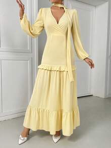 Women's Elegant Flounced Splice Cinched Waist Flare Sleeve Dress,Spring/Summer - Yellow - View 5
