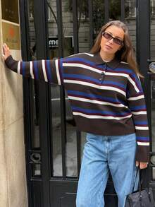 HH Women's Spring Colorblock Striped Knit Pullover, Women's Loose Fit Turtleneck Long Sleeve Sweater, Retro Fashion Top - màu nâu - Xem 5