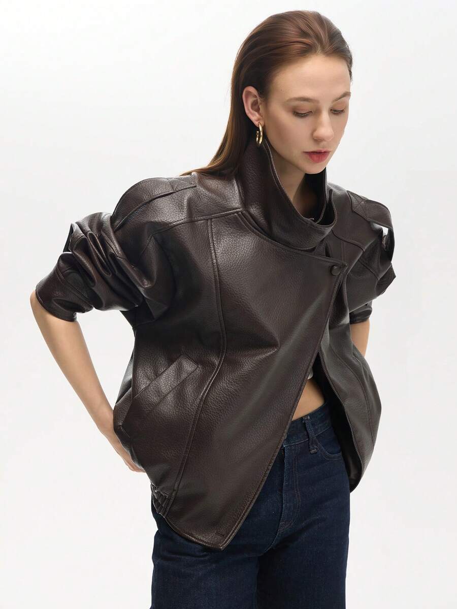 Women's Loose Faux Leather Casual Long Sleeve Stand Collar Jacket - Brown - View 1