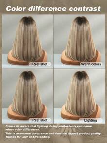 AKAKO 棕色挑染波波头假发，带刘海，14英寸短直发，女士齐肩长度，合成刘海假发，外观自然，耐热，适合日常、万圣节派对等场合，Y2K和哥特风格假发配件 - 挑染棕色 - 查看 7