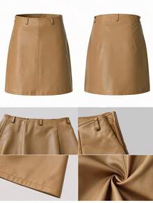 Chân váy nữ ROSIE POPHUB màu nâu thanh lịch, đa năng, dài ngang gối - Chất liệu giả da, phù hợp cho công sở và mặc hàng ngày, thích hợp cho dịp năm mới và Lễ Tình nhân | Hàng mới về mùa Xuân/Hè - màu nâu - Xem 8
