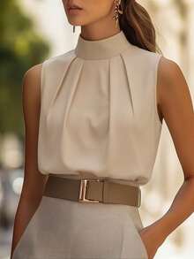 1 pieza Blusa de mujer de verano sin mangas con decoración plisada, elegante y de unicolor, adecuada para verano, vacaciones, oficina, uso diario y citas por la noche - Caqui - Ver 3