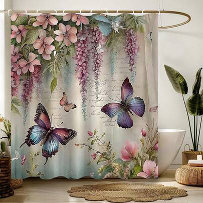 4pcs Spring Theme Bathroom Set, Includes Rug, Vintage Butterfly Bathroom Set, Floral Pattern Shower Curtain With 12 Hooks, Bathroom Decor, Includes Rug, Bathroom Accessories, Bath Mat And Toilet Lid Cover, Non-Slip Bathroom Rug, Toilet U-Shaped Mat, Toilet Lid Mat, Bathroom Decoration, Bathroom Shower Curtain Set, Bathroom Accessories
