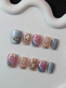 Bộ 10 miếng dán móng tay vuông thủ công, decal móng tay acrylic đính đá quý, ngọc trai giả, họa tiết chạm khắc 3D, trang trí móng tay thanh lịch, phù hợp cho sử dụng hàng ngày, dự tiệc, đám cưới, ngày lễ. Đi kèm với dũa móng và dụng cụ làm móng gel. - Nhiều màu - Xem 2