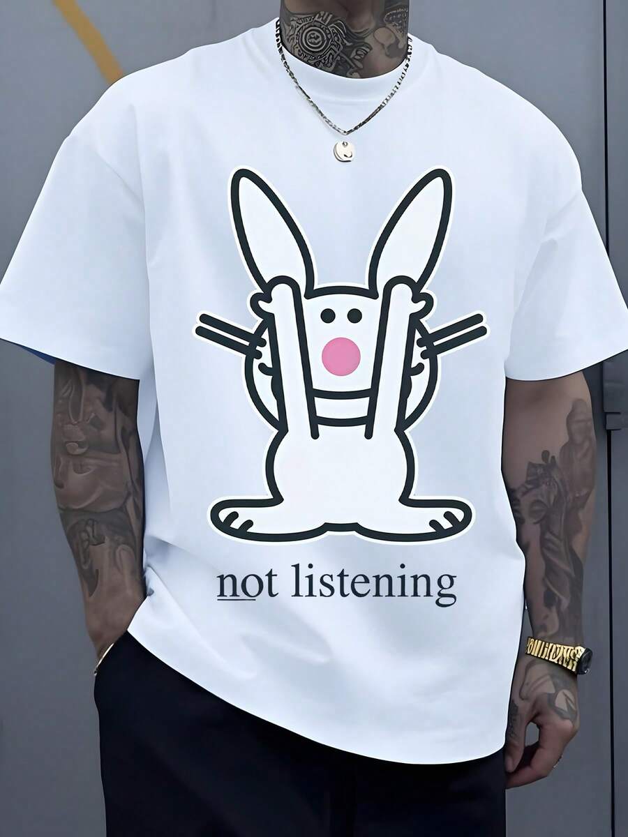 Funny Rabbit Digital Printed T Shirt 220g 1Pcs Graphic Tees Men's Casual Short Sleeve 100% Cotton Tee Not Listening Cartoon Style - White - View 1