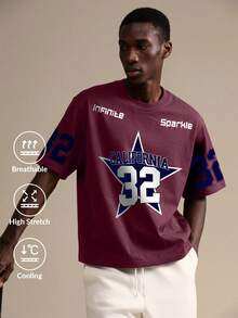 Men's Casual Fashion Street Printed Drop Shoulder Loose Breathable Short Sleeve T-Shirt, Summer - Burgundy - View 1