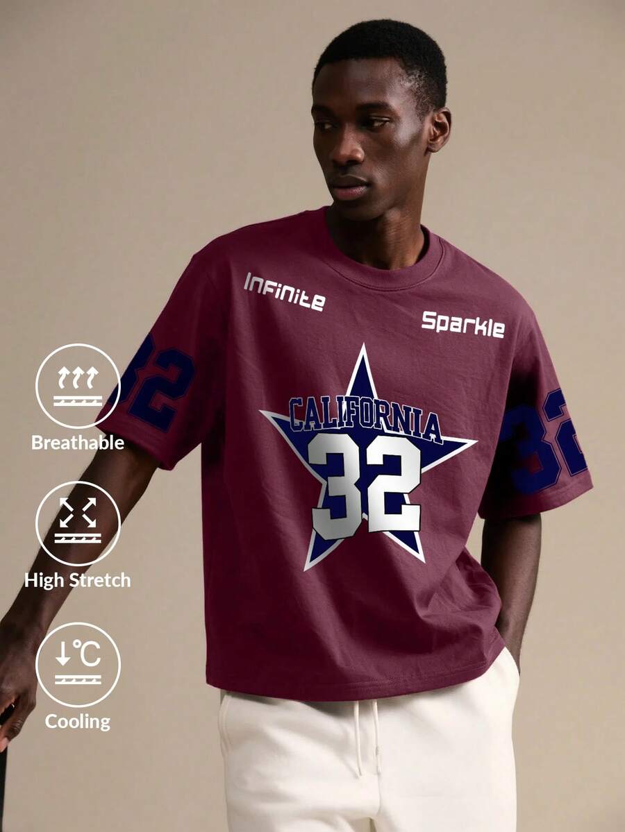 Men's Casual Fashion Street Printed Drop Shoulder Loose Breathable Short Sleeve T-Shirt, Summer - Burgundy - View 1