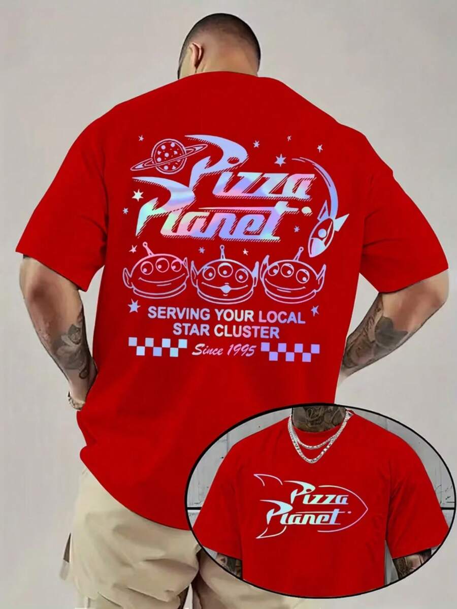 1 Piece, Disney Men's T-Shirt, Toy Story Pizza Planet T-Shirt With Double Printing Design And Alien+Text Typesetting Printing On The Back, Round Neck Casual And Comfortable T-Shirt, Breathable And Light, Suitable For Sports And Leisure Wear, Loose T-Shirt, Suitable For Gifts, Suitable For Travel And Party Wear. - Red - View 1