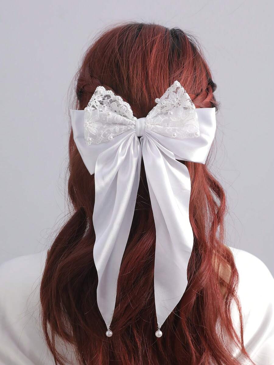 1件女士优雅法式白色蕾丝珍珠双层大蝴蝶结发夹，适合日常、节日、派对、婚礼、订婚、伴娘佩戴（蕾丝图案随机） - 白色 - 查看 1
