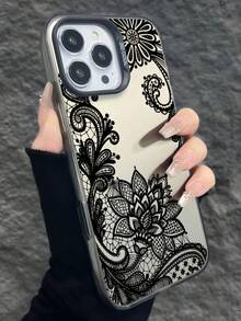 1pc Black Lace Pattern Personalized TPU Shockproof Phone Case Compatible With Apple 17, 16, 15, 14, 13, 12, 11 Pro Max, And Series