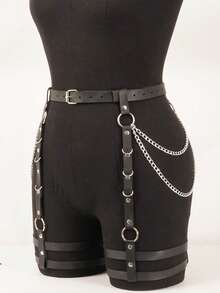 Pu Leather Thigh Garter Belt Leg Harness, Punk Thigh Harness Belt, Punk Rave Outfit Belt. - Black - View 4
