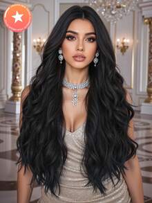 时尚女士长款波浪卷发假发 - 黑色 Kanekalon 高温丝，可调节帽型，适合所有肤色，浓密卷发，无蕾丝高温丝全头假发，适合日常佩戴 - 自然黑 - 查看 10