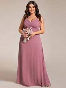 EVERPRETTY 优雅V领褶皱胸部粉色伴娘礼服，春季长款礼服 - 藕粉色 - 查看 4