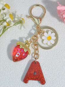 1 pezzo Portachiavi a forma di lettera con fragola rossa, ciondolo floreale carino, portachiavi minimalista per borsa, regalo per donne - Rosso - Visualizzare 3