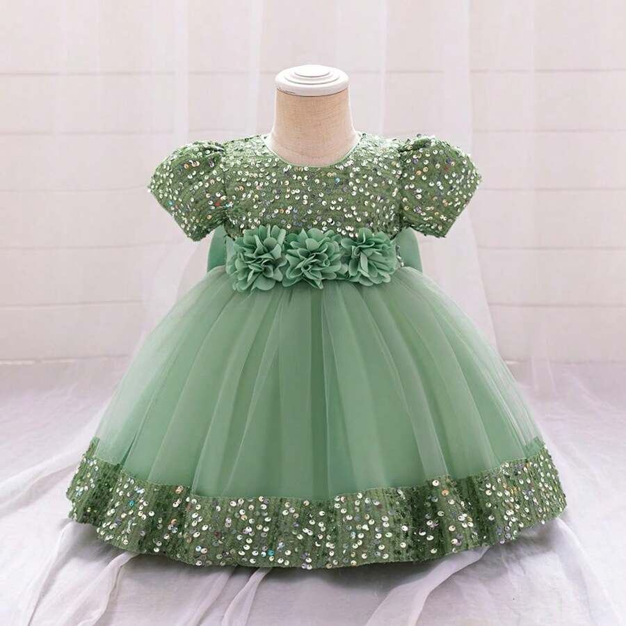 Pink Kids Clothes 2116 Big Bow 3D Flower Girls Frock Tulle Sequins Ball Gown Pageant Children Elegant Princess Prom Host Formal Evening Party Cocktail Dress 0-4Y - Avocado - 查看 1