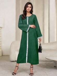 Women's Red Round Neck Arabic Robe, Dignified Long Robe - Dark Green - View 6