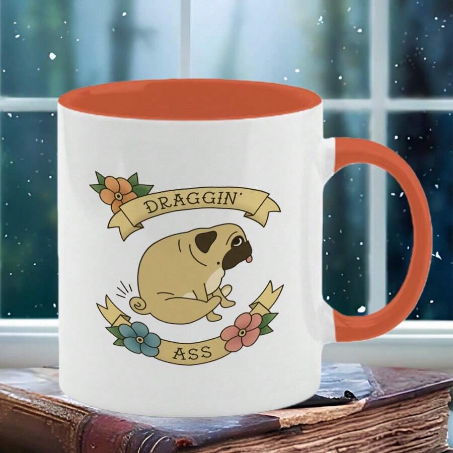 1pc Cute Pug Dog Ceramic Coffee Mug With "Draggin' " Pug Quote & Slow & Steady Wins The Race Design - Dishwasher Tea/Cocoa Cup, Non-Slip Gift For Pug Lovers, Christmas, Birthdays, Housewarming (White Pug Face) - Orange - View 1