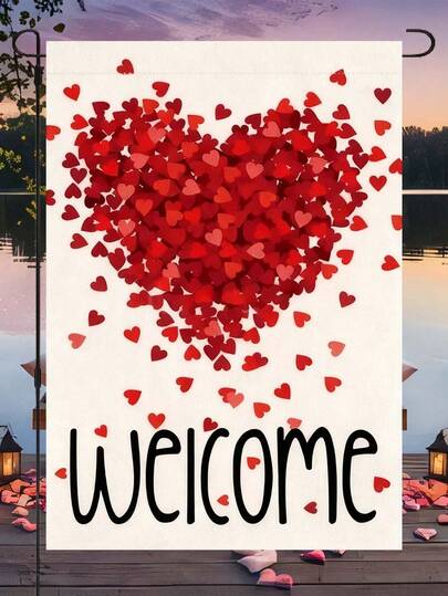 1pc Valentine's Day Garden Flag, Outdoor Date Party Decor Flag With Heart Print, Welcome Flag For House Entrance