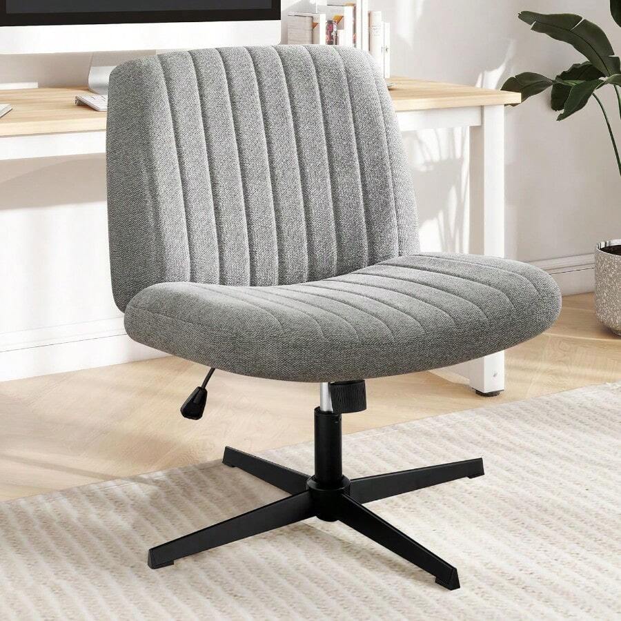 DUMOS Desk Chair No Wheels, Criss Cross Chair Wide Cross Legged Office Desk Vanity Comfy Chair, Armless Adjustable Swivel Chairs For Home Computer Task Beige - Medium Grey - 查看 1