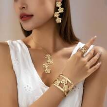 Set de 3 piezas/5 piezas de joyería con collar, aretes, pulsera y anillo con diseño de flor de 5 pétalos y mariposa, elegante y dulce para mujeres - 2 Amarillo dorado - Ver 12