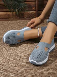 Zapatos de mamá de talla grande, zapatos casuales de mujer con malla transpirable, diseño hueco sin cordones, zapatos casuales con suela blanda y cómoda, zapatos de enfermera - Azul vaquero - Ver 6
