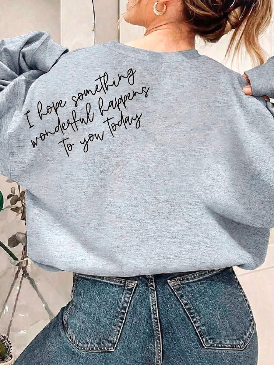 美好的一天，友善积极的字母图案可爱女式宽松圆领长袖休闲卫衣，秋冬款 - 灰色 - 查看 1