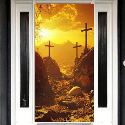 2D立体复活节十字架门牌 - 基督教复活节装饰，涤纶材质，户外门牌，适用于前门和门廊，是圣周、生日、婚礼的理想之选。