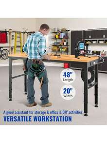 Adjustable Workbench, 48x20in Garage Table W/ 28.3in To 38.1in Heights & 2000lbs Load Capacity, Adjustable Working Table With Power Outlets & Hardwood Top & Metal Frame & Foot Pads, For Office Home Garage - Maple - Xem 2