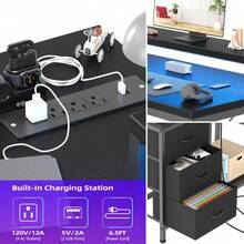 Escritorio en L con Enchufes y Luces LED, Escritorio de Oficina Hogar con Cajones y Estantes para Juegos - Tipo de Enchufe A USA (110-127V) - Ver 4