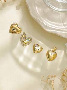 1件/包 304不锈钢压花镶嵌锆石雕刻心形吊坠配件 - 金色 - 查看 3