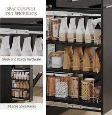 53" Kitchen Islands With Trash Can Storage, Rolling Kitchen Island Cart With 3-Tier Spice Rack, Island Table For Kitchen With Adjustable Shelves, Black/ Black & Marble/ White/ Grey & Marble/ Blue/ Olive Green/ Mint Green - Black & Marble - View 5