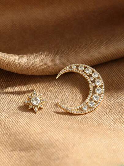 2pcs Irregular Star & Moon Combination Brooch, Sparkling Rhinestone, Suitable For Scarf, Shacket, Dress, Holiday Gift Accessory