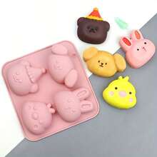 1 pieza Molde de silicona con 4 orificios de diseño de dibujos animados, para tartas al vapor, pasteles de arroz, tartas en tazón, molde para gelatina, molde para chocolate, molde para resina aromática, molde artesanal para jabón frío, utensilios de cocina para hornear DIY - Multicolor - Ver 2
