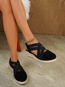 Women's Elegant Slip-On Platform Wedge Sandals, Suitable For All Seasons - Black - View 2