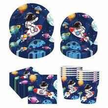 20件太空宇航员派对一次性餐具套装，含20个7英寸甜品盘、20个9英寸盘子、20张餐巾纸，适合朋友聚会、家庭聚会、生日礼物 - 太空藍 - 查看 3