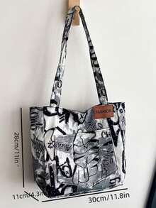 Bolso de lona, gran capacidad portátil, nuevo bolso de hombro multifuncional de moda para mujeres con estampado de graffiti, bolso de mano para estudiantes universitarios, mochila literaria para estudiantes, adecuado para mujeres o estudiantes, perfecto para guardar libros, artículos de compras, útiles escolares, bolso de mano para mujeres, artículo esencial para la universidad - Blanco y Negro - Ver 7