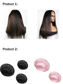 高光半假发，直发，真人发，翻转抽绳假发，女士款，150%密度，#1B/30色号。另附5顶丝绸睡帽供您选择（3顶黑色睡帽+2顶粉色睡帽）。
