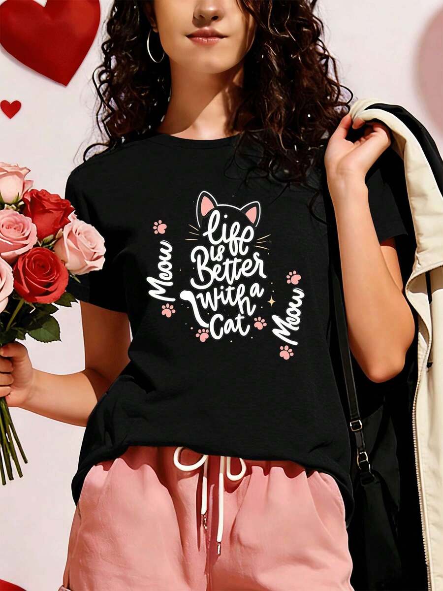 Schwarzes Damen-T-Shirt mit Katzenprint, weiche Baumwolle, l?ssig, bequem, strapazierf?hig, einzigartiger Grafikprint - Schwarz - Übersicht 1